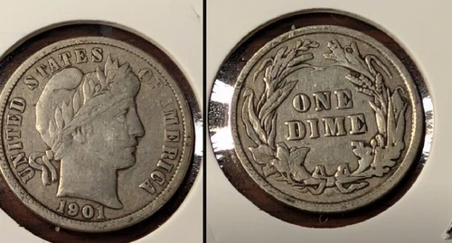 1901 Barber Dime - 90% Silver Coin - Great Detail - VG+  #010