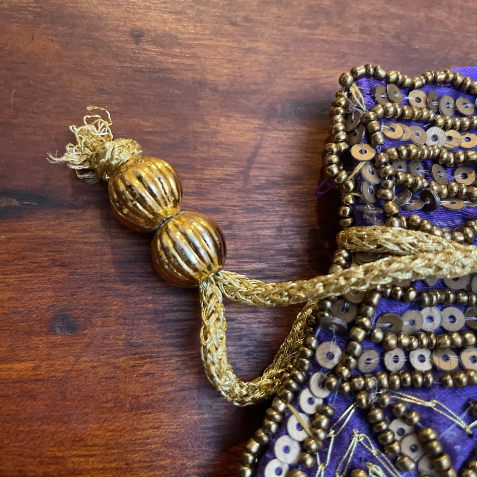 Vintage Hand Made Polti Copper Bead and Sequin Drawstring Bag Satchel Beautiful - Image 3 of 4