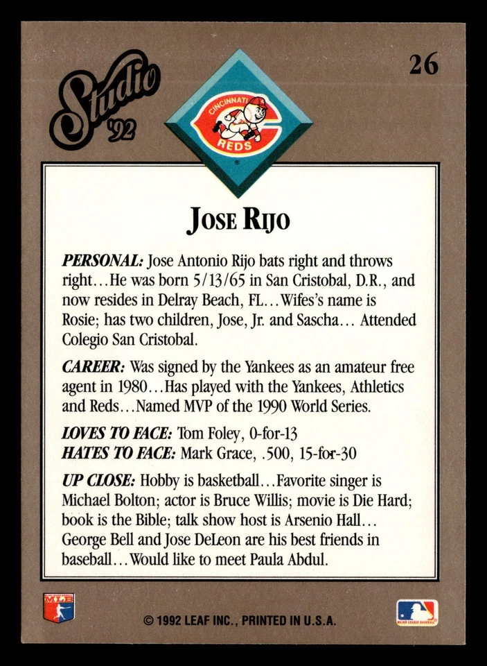 Jose Rijo 1992 Studio #26 Cincinnati Reds BASEBALL *104 - Image 2 of 2