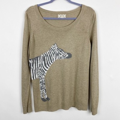 Pink Rose Zebra Intarsia Angora Blend Pullover Sweater Womens XL Tan Safari