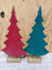 Maker's Holiday Metal Christmas Tree Light Up Table Decor Pair Wood Base Holiday
