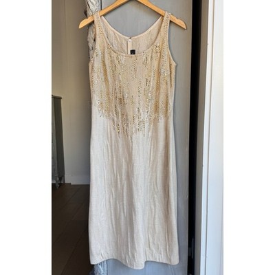 St. John Tan Sleeveless Wool Knee Length Dress Gold Stud Embellished Sz 12