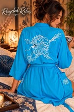 B9 LARGE VTG BLUE/TURQUOISE KIMONO ROBE DRAGON EMBROIDERED ASIAN STYLE NIGHTWEAR