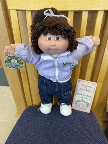 Cabbage Patch Kids Doll Dark Brown Single Pony Purple Jacket 1984