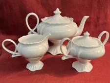 White Porcelain Covered Tea Pot & Sugar Open Creamer Set- R.S. Prussia Style