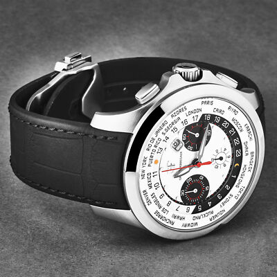 GP Men's 'World Timer' Silver Dial Black Strap Automatic Watch