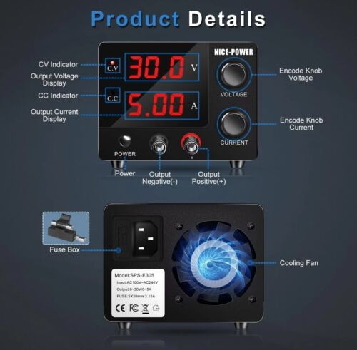 SPS-E305 DC Power Supply Adjustable Display Lab Bench Power Source 0-30V 0-5A UK - Picture 2 of 4