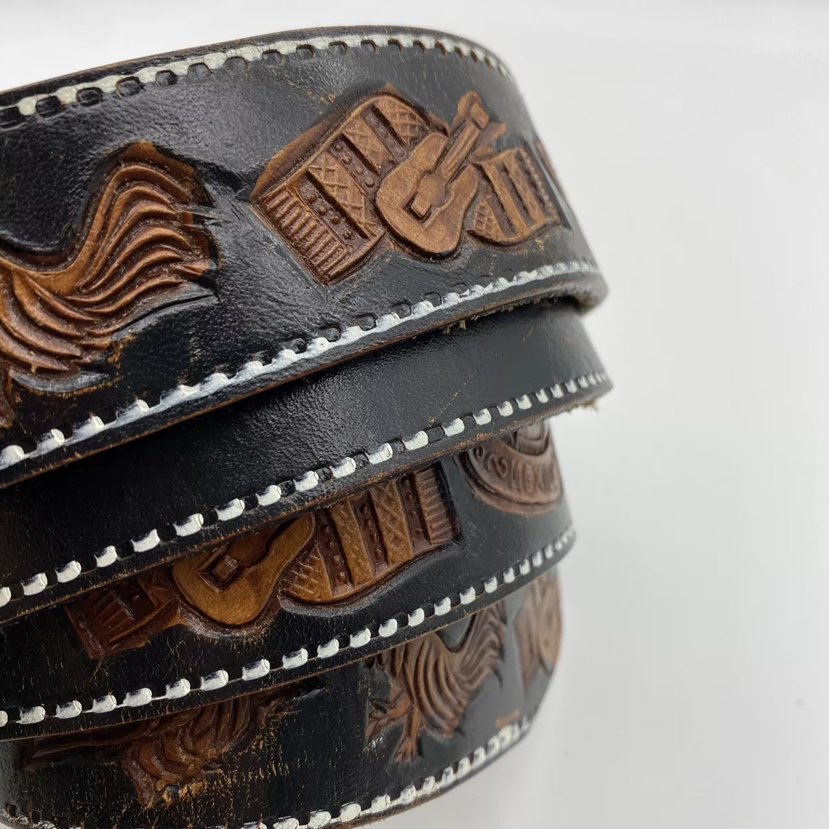 Black and Brown Tooled Leather Belt Mexico Mexican Designs Size 44 Name Space