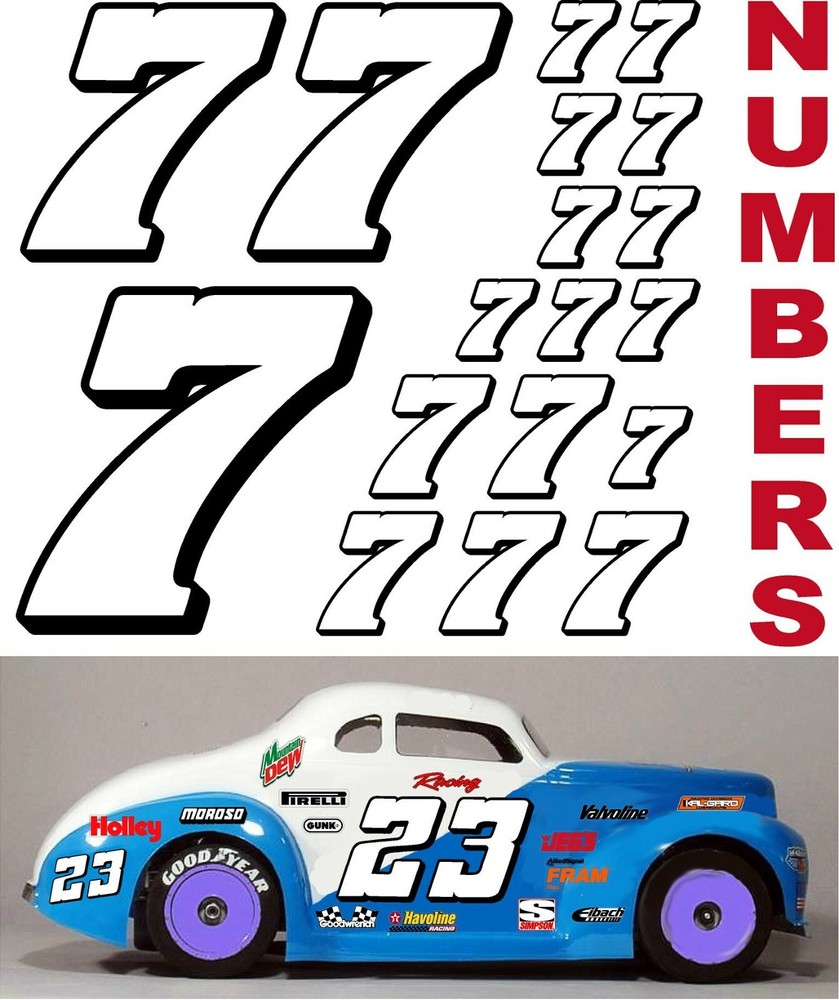 WHITE w/Black (#7's) Racing Numbers Decal Sticker Sheet 1/8-1/10-1/12PROLINE HPI