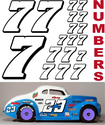 WHITE w/Black (#7's) Racing Numbers Decal Sticker Sheet 1/8-1/10-1/12 