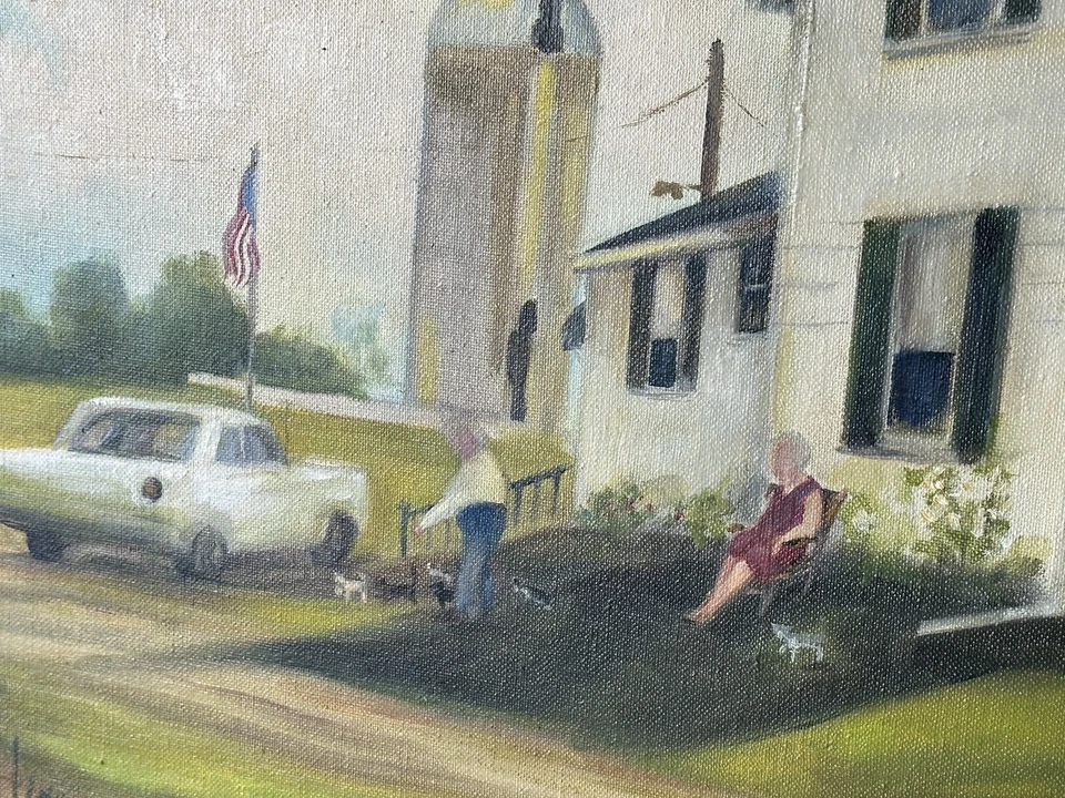 Pintura al óleo vintage firmada de mediados de siglo casa de campo árbol arte antiguo IN Foto 2 de 4