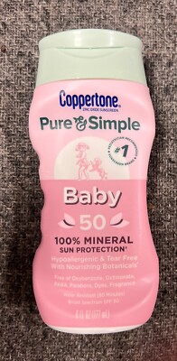 2 New Bottles Coppertone Pure and Simple Baby Sunscreen SPF 50 6FL Oz Each 4/26