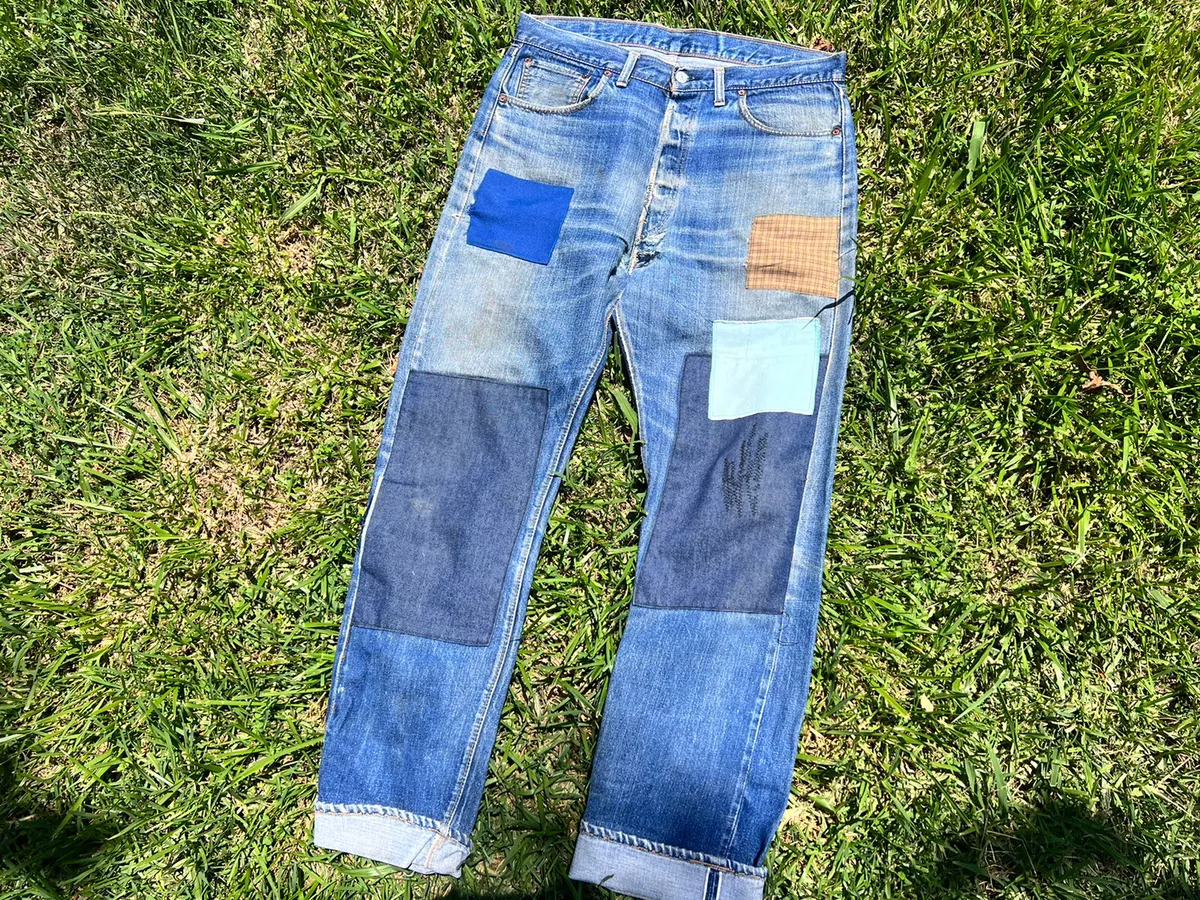 LEVIS 70'S VINTAGE 501 SELVEDGE DENIM MEN JEANS STAMP BUTTON 6 Patchwork 35x32