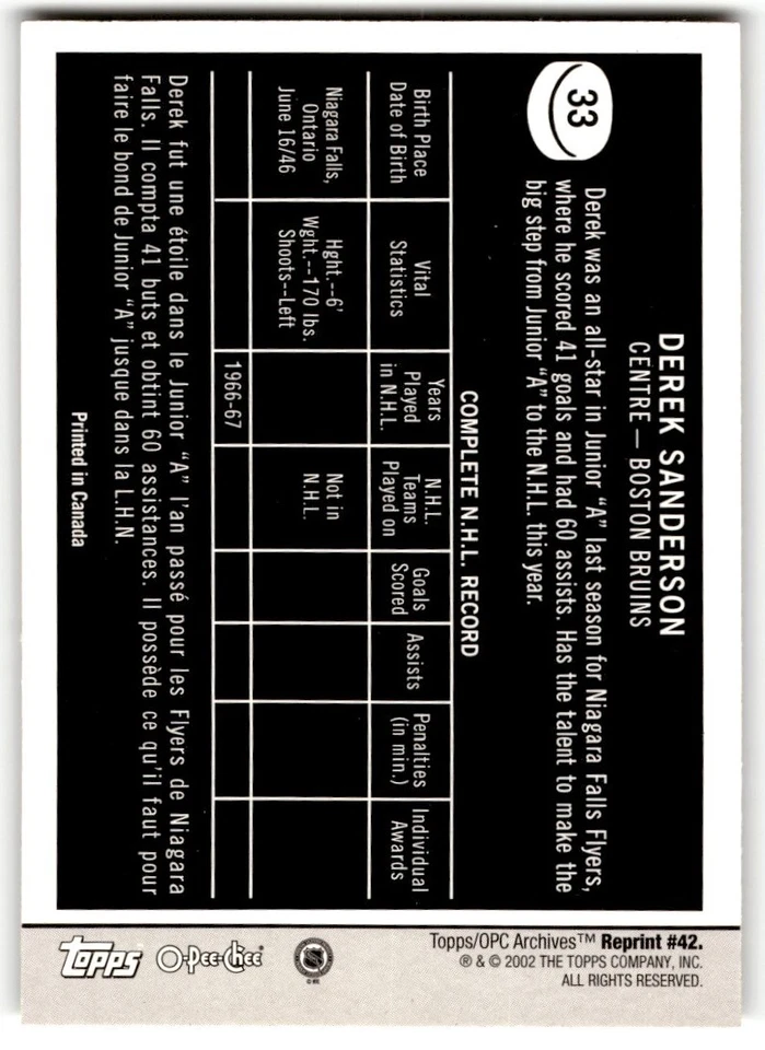 Derek Sanderson 2001-02 Topps / O-Pee-Chee Archives #42 Boston Bruins - Image 2 of 2