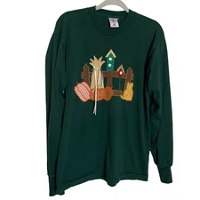 Fall T-Shirt Womens Large Green Pumpkins Cat Birdhouse Button Accent Granny Core