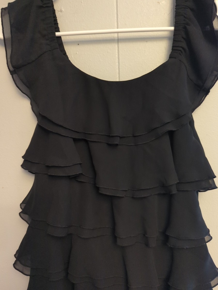 white house black market black ruffle dress White House Black Market Black Silk Blend Tiered Halter Neck Dress