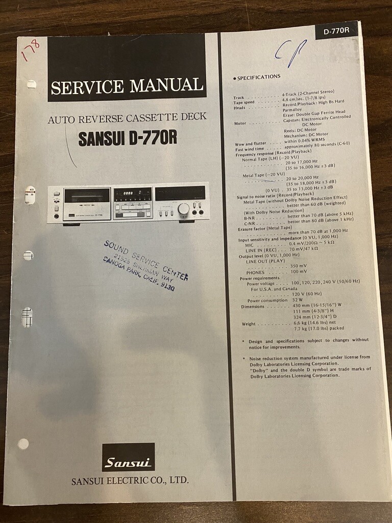 SANSUI D-770R D770R CASSETTE DECK Service Manual **ORIGINAL*