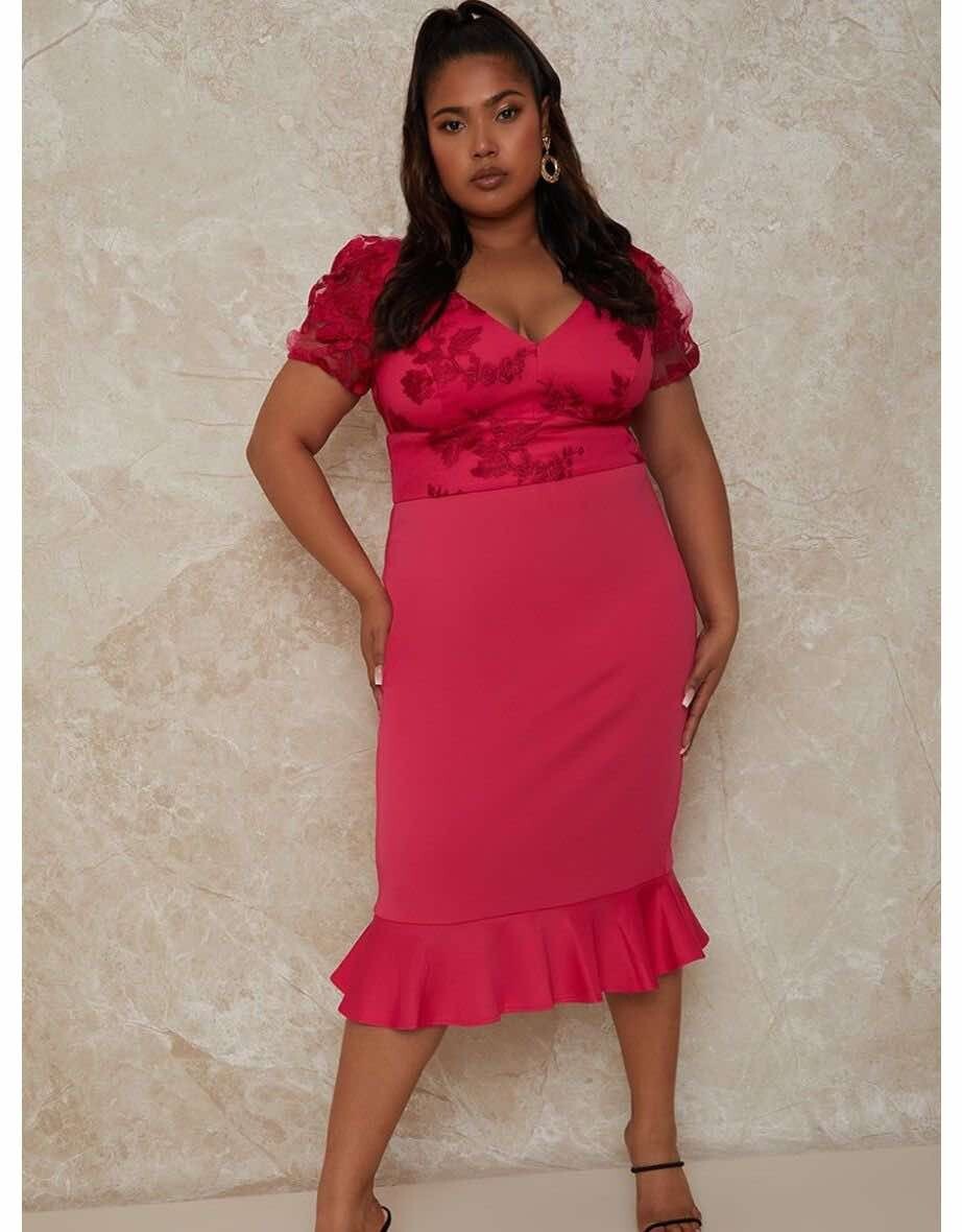 Plus Size 26 Chi Chi Dress V-Neck Embroidered Bodycon Midi in Pink | eBay UK Plus Size 26 Chi Chi Dress V-Neck Embroidered Bodycon Midi in Pink | eBay UK