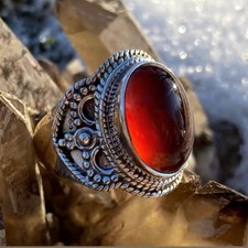 Red Garnet Ring - Boho Minimalist Statement Jewelry - Oval Crystal Design,