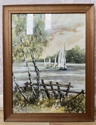 Artist Original Painting P Holmes Signed Frensham Ponds Sailing Yachts Boat