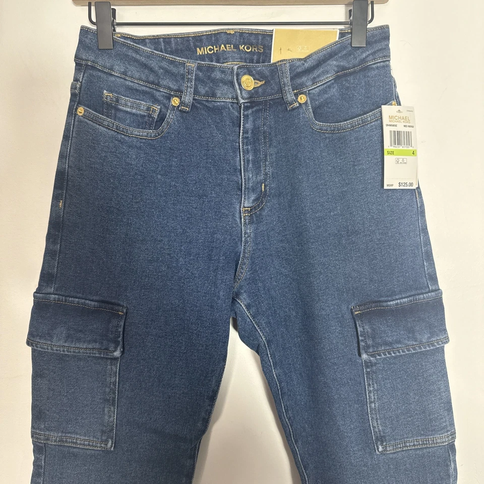 Pantalones de mezclilla ajustados de tiro alto Michael Kors MK Selma bolsillo cargo talla 4 precio de venta sugerido por el fabricante 125 USD Foto 2 de 4