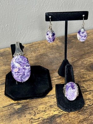 Barse Silver Purple Charoite Oval Bracelet, Earring, and Ring Set
