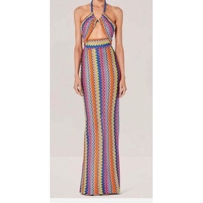 Alexis Multicolor Chevron Crochet Knit Halter Cutout Maxi Dress XS Vedette