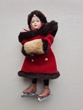 Past Times Porcelain Christmas Skating Doll Victorian Style Red Velvet 8"