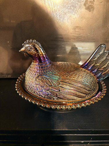 Rare Indiana Iridescent Carnival Glass Hen Covered Bowl w/ Lid Blue Purple