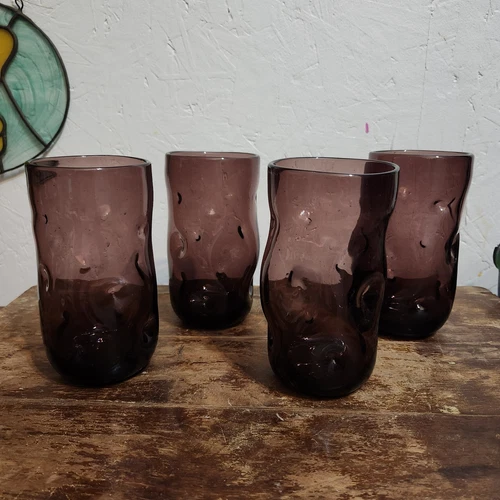 Set Of 4 Blenko? 6" Pinch Tumblers Amethyst Purple Dimple Glasses