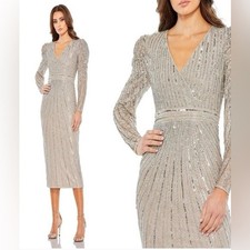 Mac Duggal Beaded Lace Long Sleeve Midi Dress Taupe 93676 NWT size 6