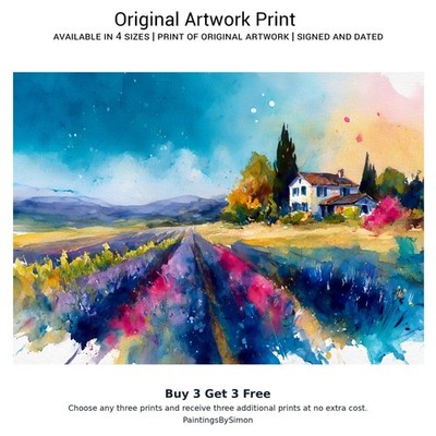 Lavendelfeldhaus | Druck auf mattem Papier | buntes Wandbild Landschaft