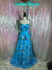 Rene Ruiz Strapless Blue Floral Satin Full Length Cocktail Gown Sz 14 AUTH NWT