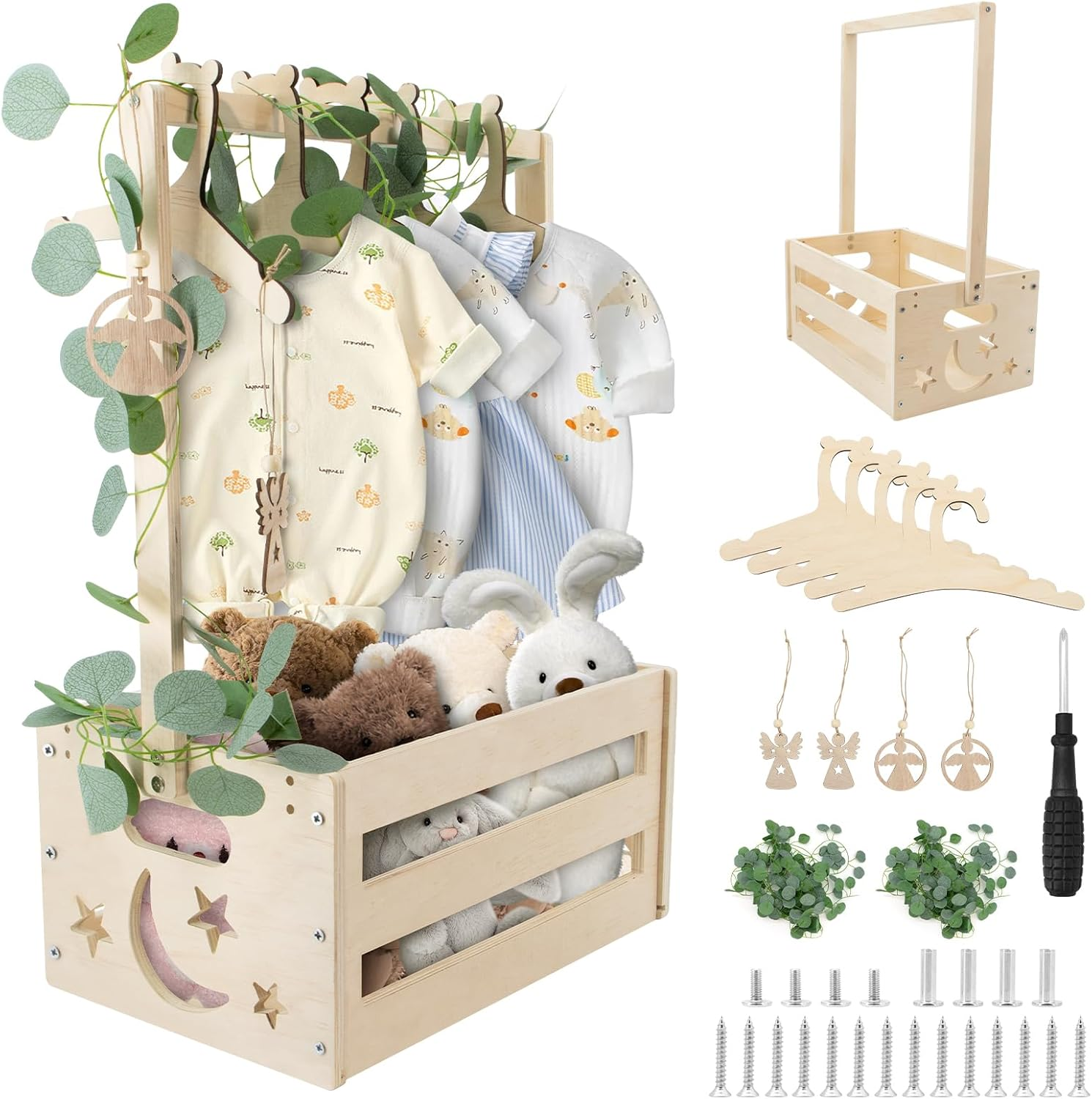 Wooden Baby Shower Crate Closet, Wooden Baby Hamper Basket with Hangers Decorati