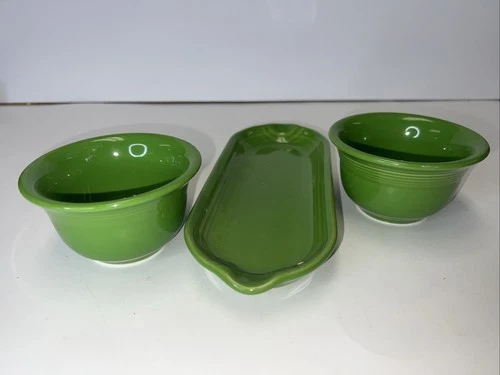 3 Pc Two Fiesta Gusto Bowls & Tray In Retired Shamrock Green HLC Fiestaware asis