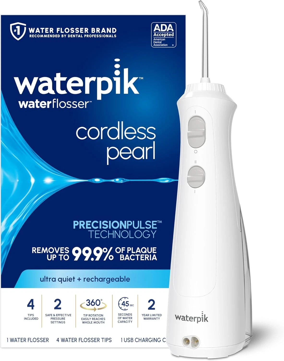 Waterpik Cordless Pearl Rechargeable Portable Water Flosser for Teeth, Gums, Bra