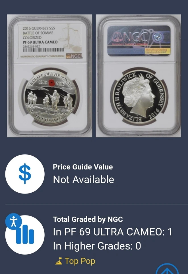 1/0 TOP POP 2016 Guernsey Silver £5 Battle Of Somme Proof NGC PF69 - Image 3 of 4