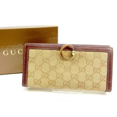 GUCCI GG Canvas Beige Purple G Mark Wallet Bifold Long Clip Flap Gebraucht