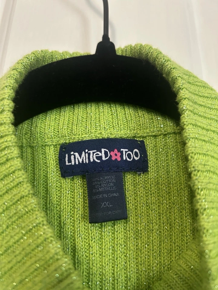 Suéter Pullover Vintage Años 90 Y2K Limited Too Girls XXL Verde Brillante Brillo Foto 2 de 4