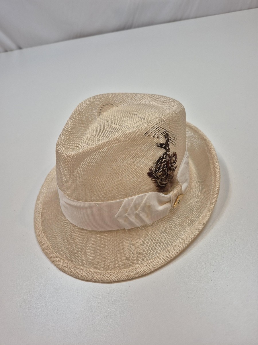 Stacy Adams Hat Fedora Fitted Mens M Beige Straw Feather 