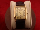 Vintage Men Seiko quartz Barrel-Tank Golden Dial ,Dark Brown leather Dress Watch