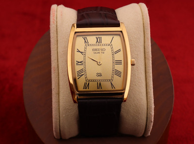 Vintage Men Seiko quartz Barrel-Tank Golden Dial ,Dark Brown leather Dress Watch