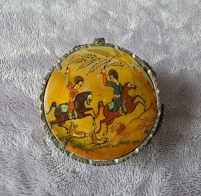 Vtg c1960 Sterling Silver Hand Painted Mother of Pearl Pendant