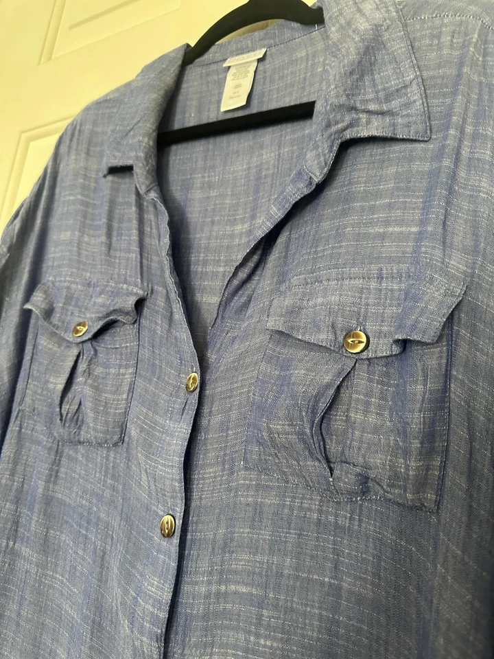 Camisa Dotti Para Mujer 3X Azul Botón Frontal Túnica Vestido Natación Cubrir Manga Larga Foto 3 de 4