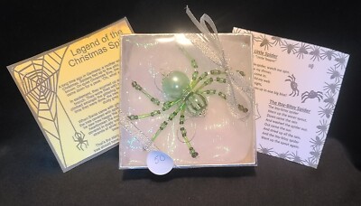 Christmas Holiday Spider Ornament with legend ,Great Gift Idea #50 Green Beads 