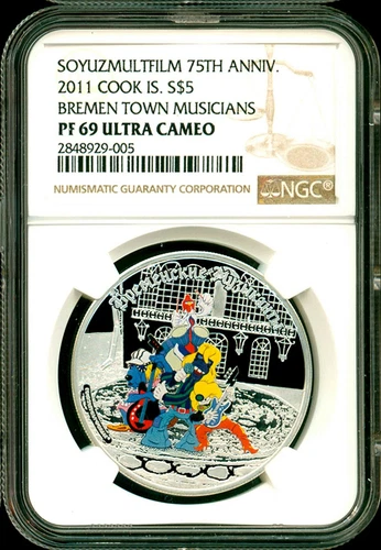 2011 Cook Islands S$5 Soyuzmultfilm Bremen Town Musicians NGC PF69 UC COA OGP