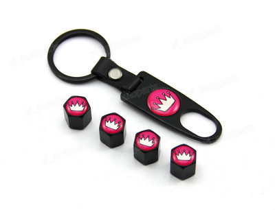 Black Tire Wheel Rims Stem Air Dust Valve Caps & Wrench Key Chain Imperial Crown