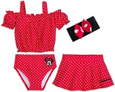 Disney Store Minnie Mouse 3 PC Deluxe Swimsuit Hair Band Set Girl Size 4 5/6 7/8