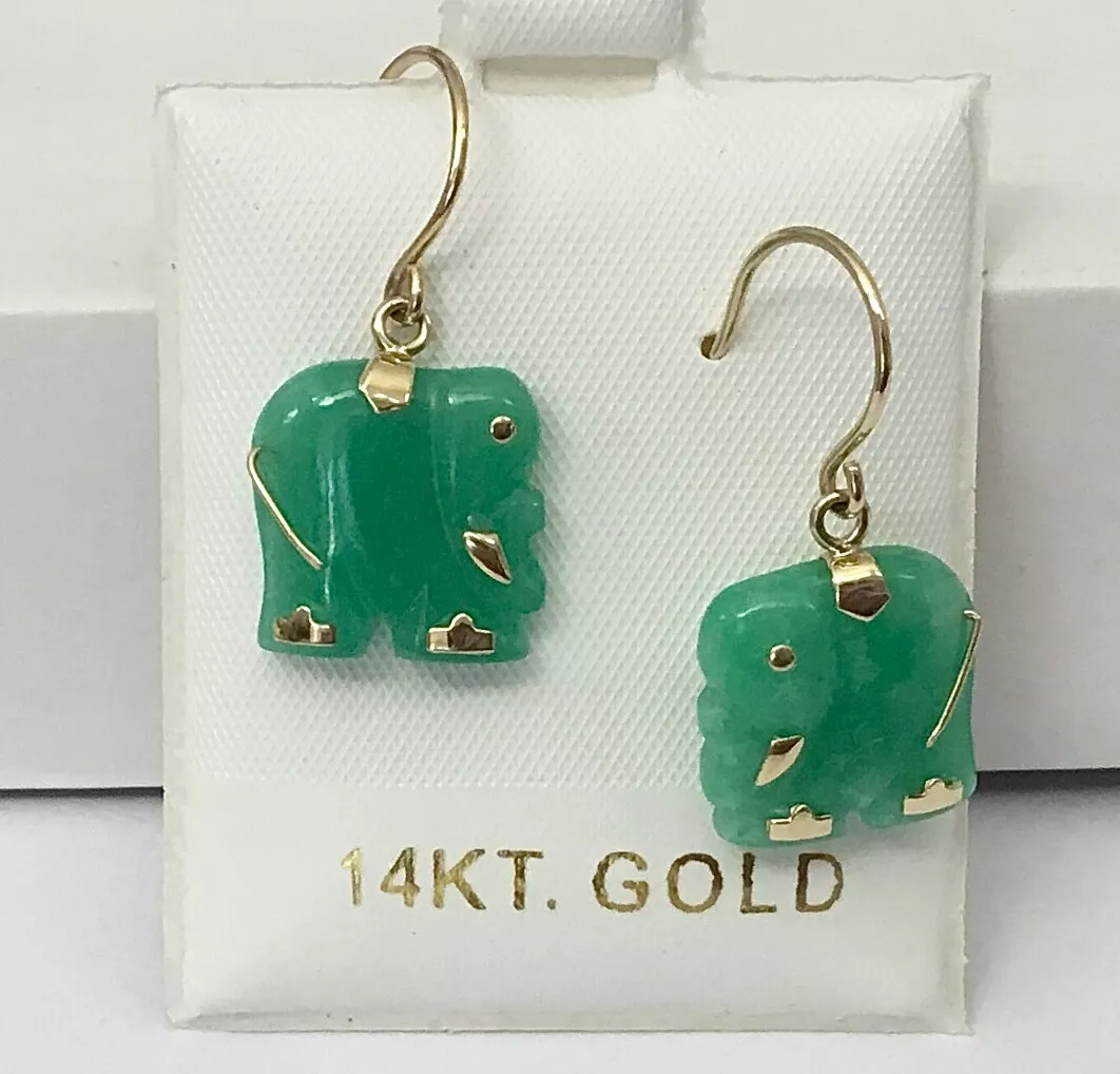 Solid 14K Yellow Gold Natural Jade Elephant Ear Wire Dangle Earrings NEW