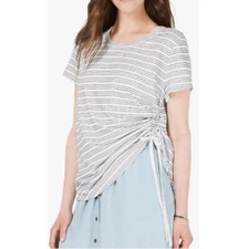 Style Co Womens XL Ticking Stripe Blue White Short Sleeves Top NWT CF84